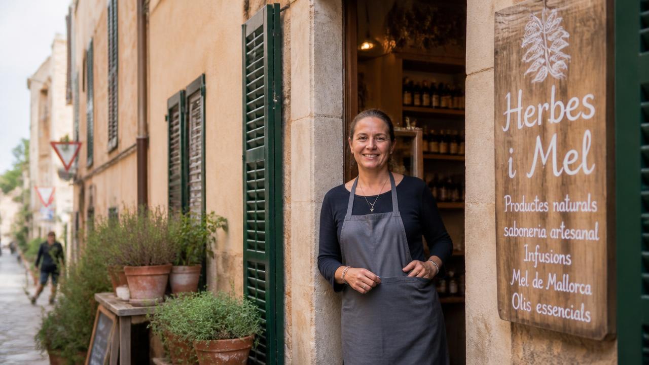 Owner of a small natural products shop in a Mallorcan village standing at her shop door